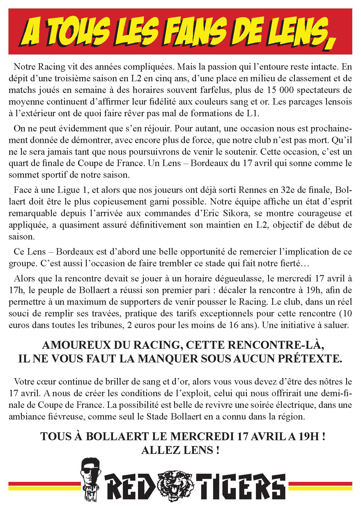 RC Lens Girondins de Bordeaux Communique des RT 94