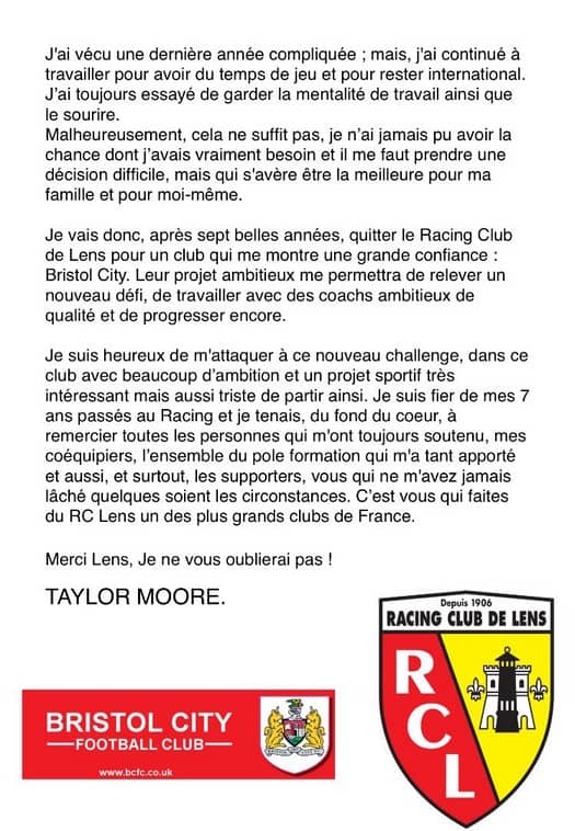 Taylor Moore RC Lens au revoir