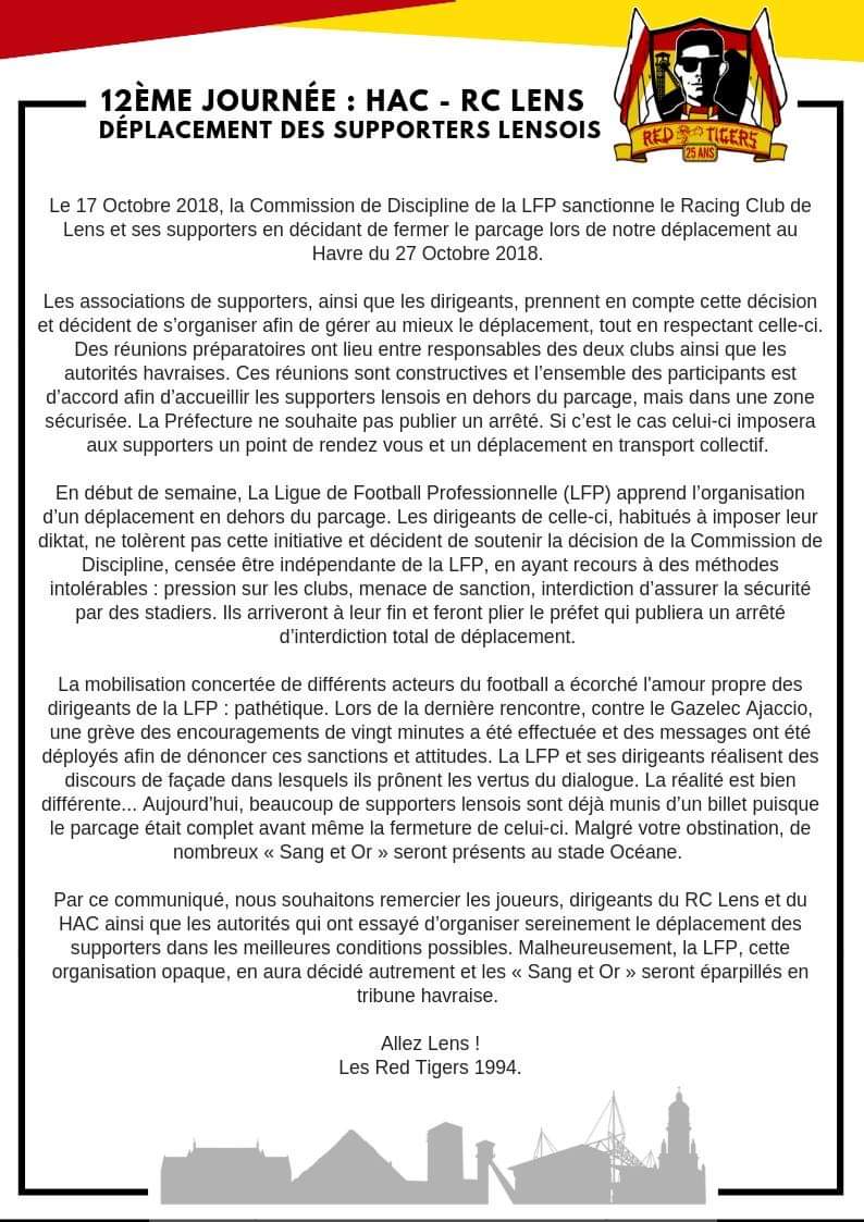 Communique Red Tigers Le Havre RC Lens